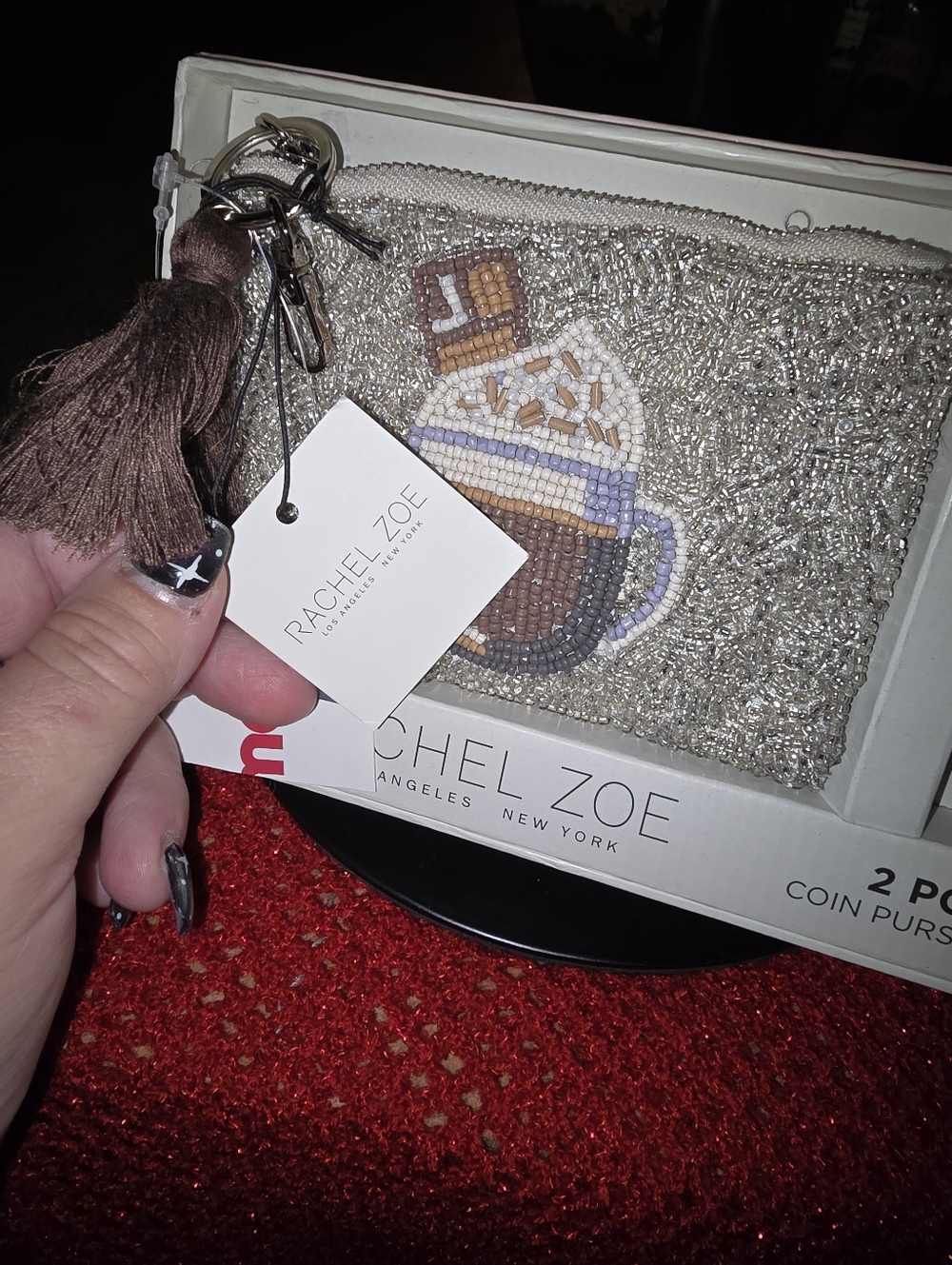 NWT Rachel Zoe Silver Beaded Coffee Coin Purse & Cookie Charm Set - Picture 2 of 3